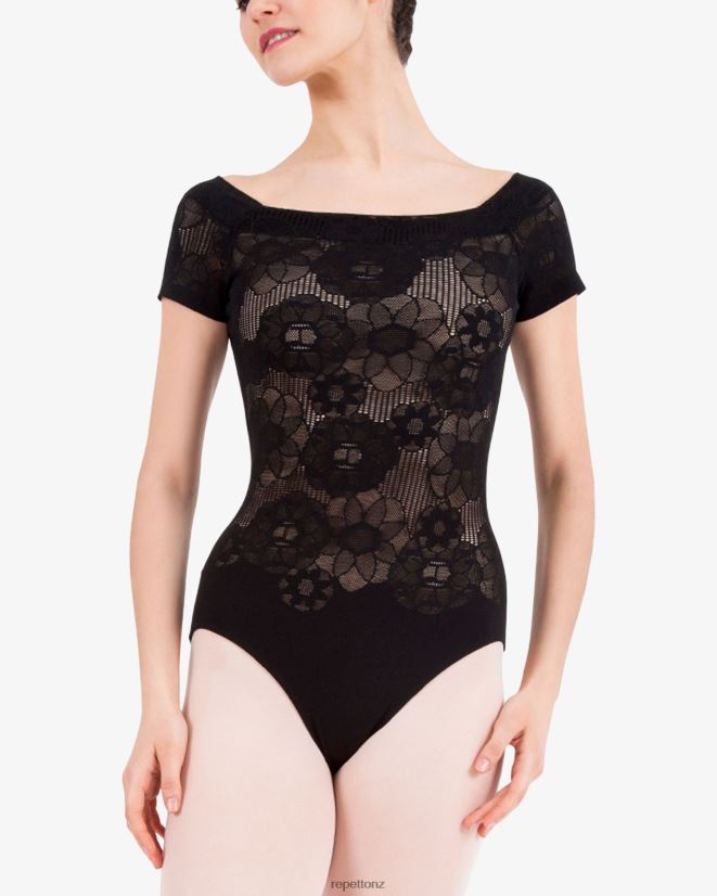 Repetto Women Short Sleeves Lace Leotard Black Clothing PDFBZN482